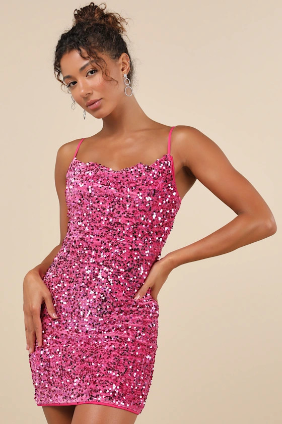 Dazzling Vibe Magenta Pink Velvet Sequin Mini Bodycon Dress | Lulus