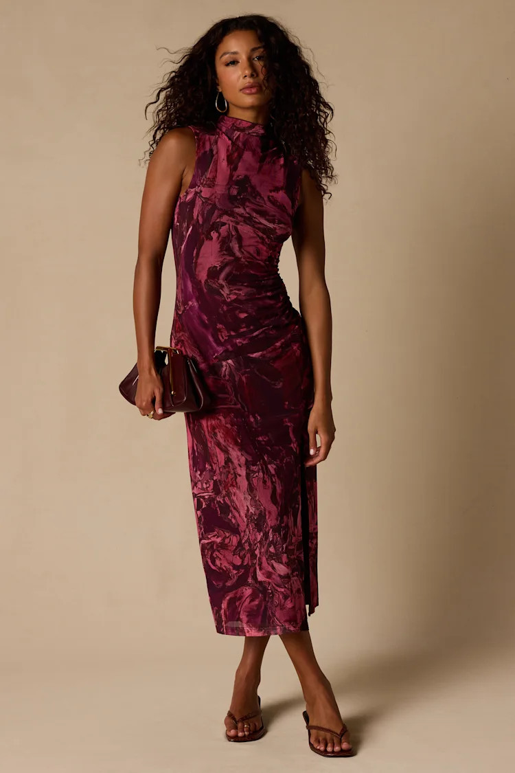 Rosannah Mauve Multi Abstract Mesh Mock Neck Midi Dress | Lulus