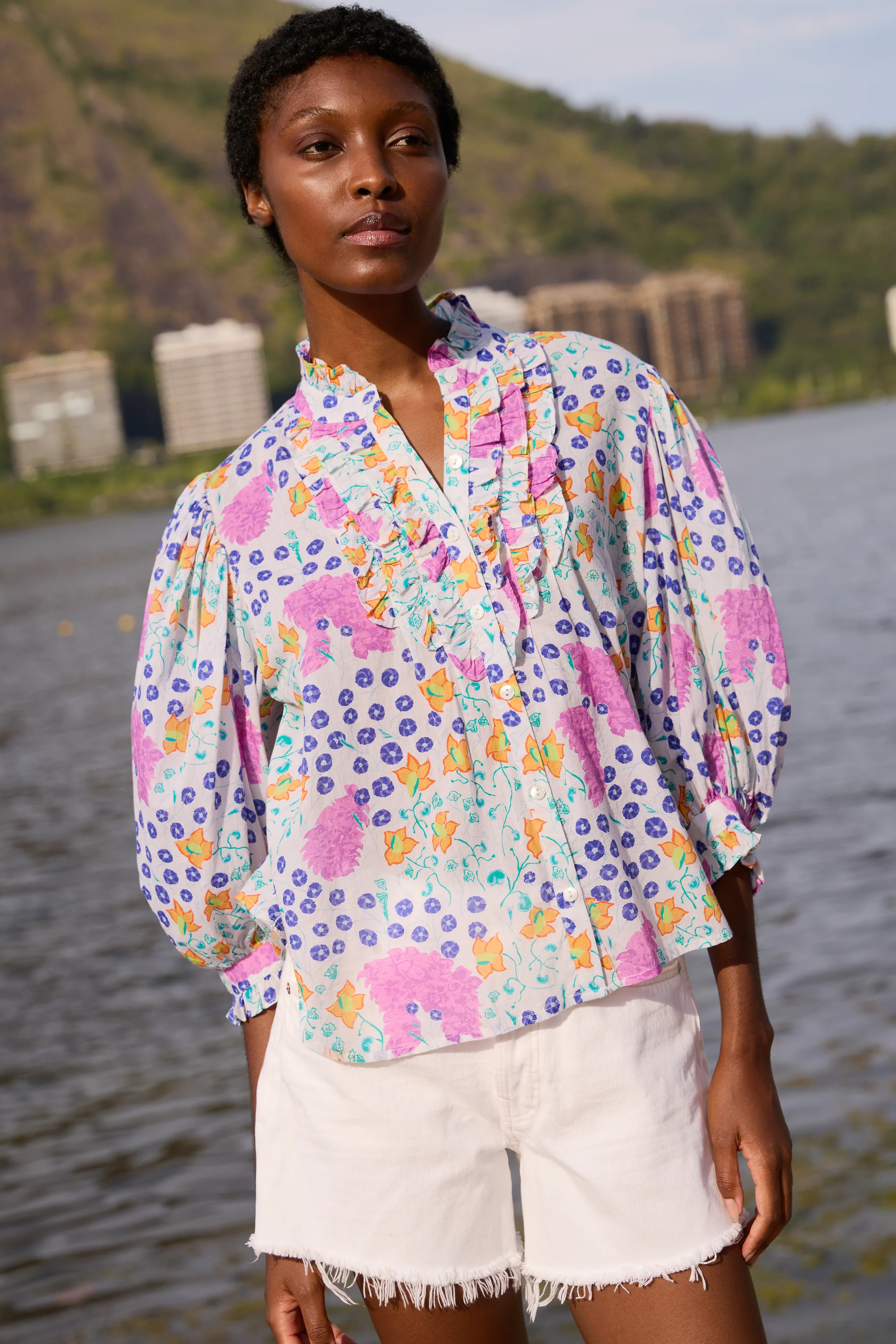Ruffle Front Button Blouse- Fleur Lilac | Oliphant Design