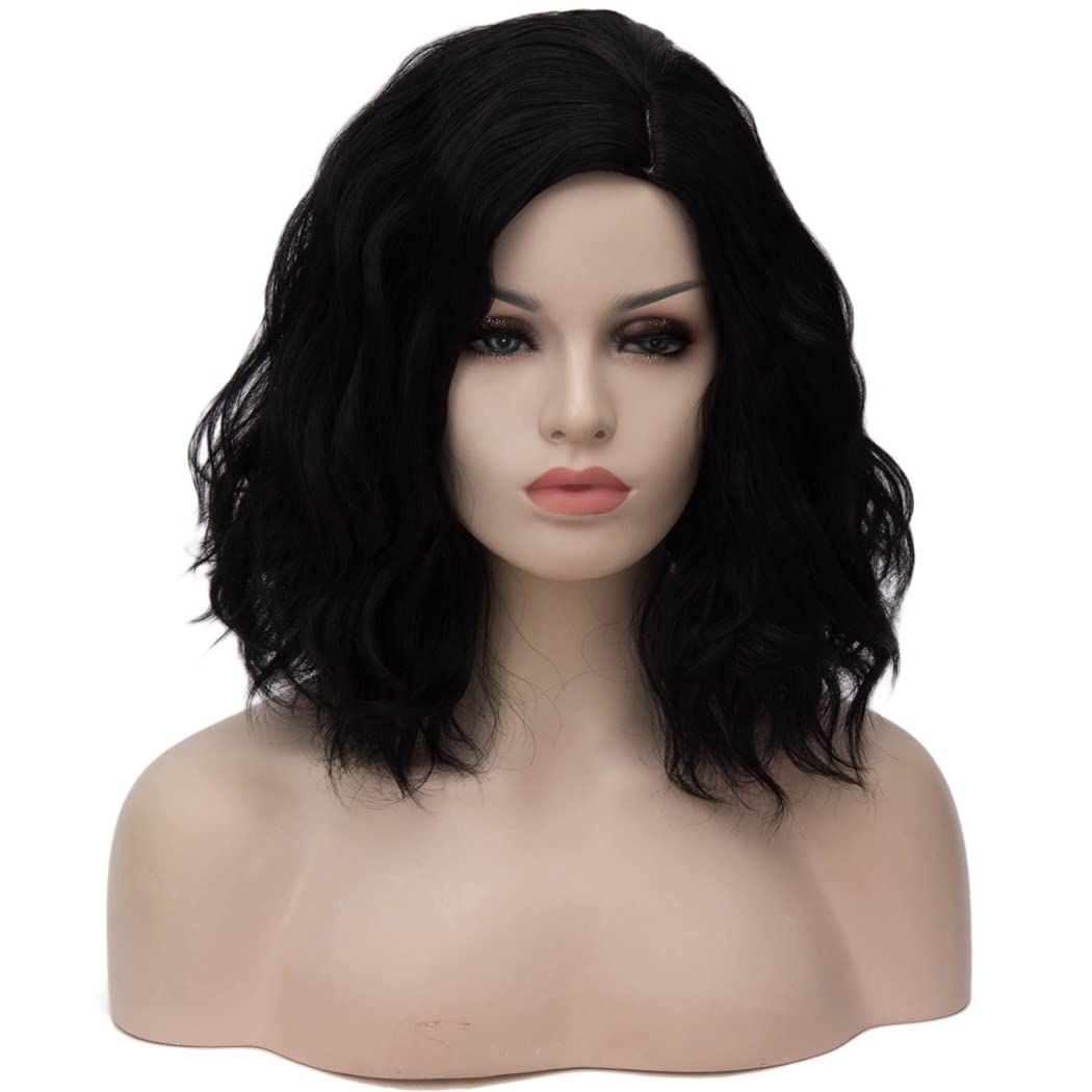 14 Inches Black Wig for Women Girls Short Bob Curly Wavy Wig Side Part Heat Resistant Halloween Cosp | Amazon (US)