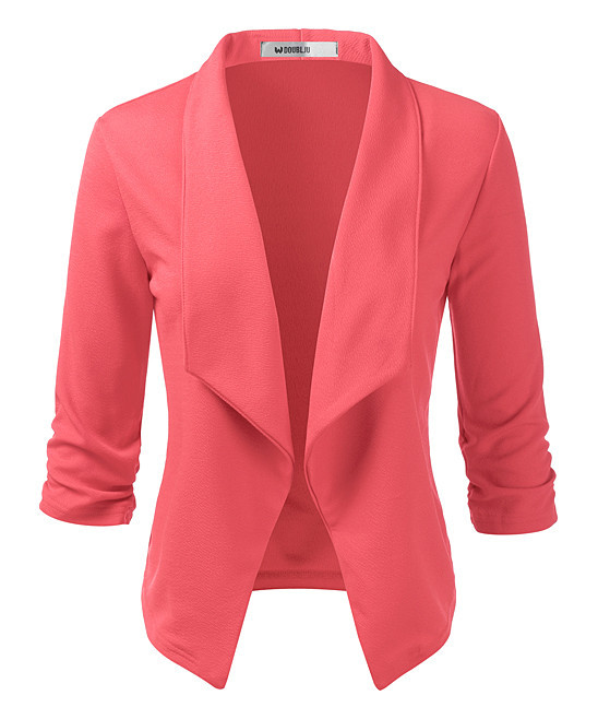 Doublju Women's Blazers CORAL - Coral Open-Front Three-Quarter Sleeve Blazer - Women | Zulily