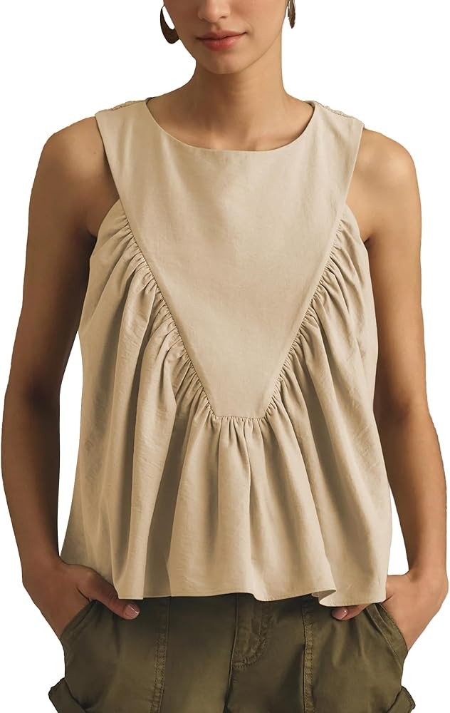 Hixiaohe Shirred Swing Tank Tops for Women Fashion Flowy Sleeveless Shirts Casual Crew Neck Blous... | Amazon (US)