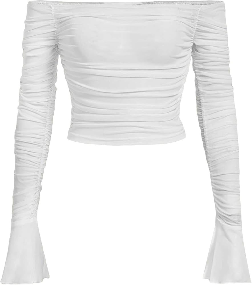 COZYEASE Women's Solid Ruched Off Shoulder Crop Tee Sheer Mesh Long Sleeve Bodycon T Shirt | Amazon (US)