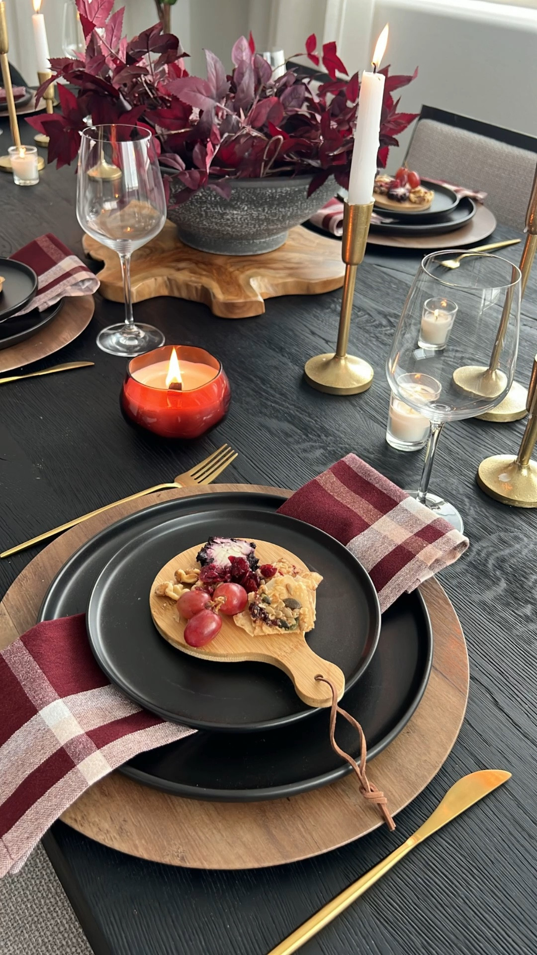 Mini charcuterie boards so that your guests don’t get too full on hors d’oeuvres before your dinner meal! Fall tablescape, hosting tips, fall table, wood chargers, black dishes, gold flatware, charcuterie boards, 

#LTKHome #LTKSaleAlert #LTKSeasonal