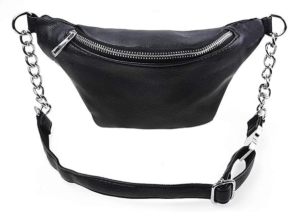 Fashion Leather Waist Fanny Pack Chest Bag Phone Purse with Metalic Chain for Women Black | Amazon (US)