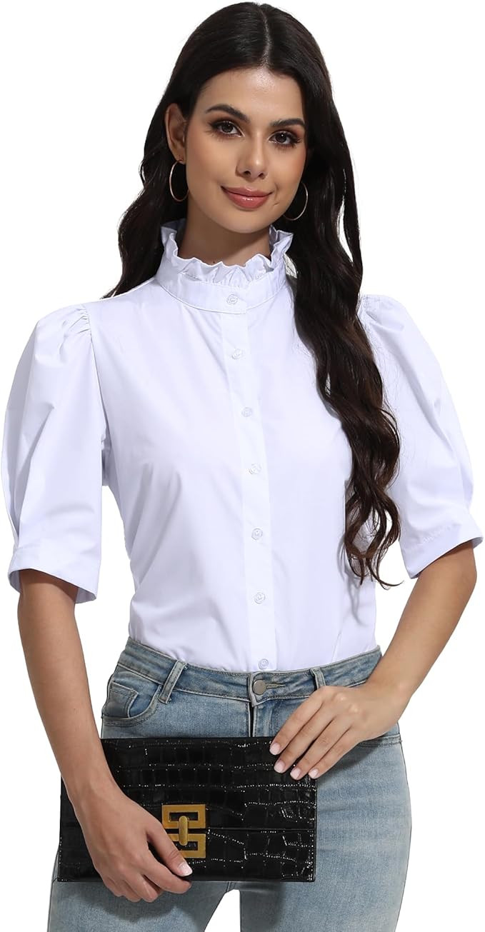 SUNNOW Women's Summer Top Ruffle Stand Collar Button Down Shirt Tailored Puff Sleeves Blouse Basi... | Amazon (US)