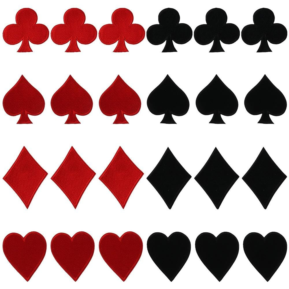 24 Pcs Playing Cards Patch, Black Red Poker Iron on Patches, Heart Spades Club Diamond Shape Embroidered Appliques for Clothing DIY | Amazon (US)