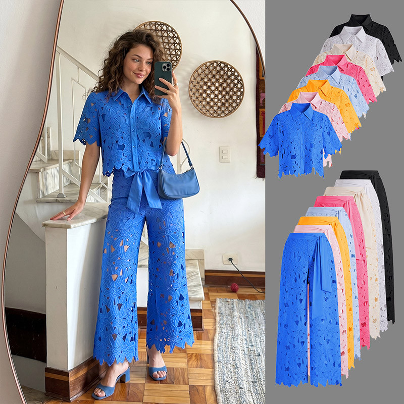 Guipure Lace Crop Shirt and Tie-Waist Pants Set in White for Resort Vacations & Daytime Occasions | Chicwish