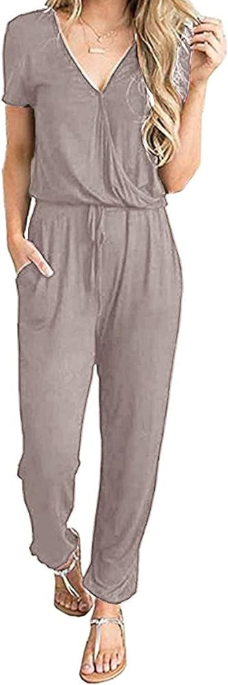 PRETTYGARDEN Women's Summer Casual Deep V Neck Short Sleeve Wrap Drawstring Waist Jumpsuit Romper | Amazon (US)