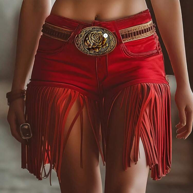 Women's White High Waist Fringe Shorts, Sexy Form-Fitting Button Fly Western Cowgirl Tassel Shorts, Soft Breathable Fabric, Summer Vacation Essential For Music Festivals, Country Concerts & Beach Outfits | SHEIN