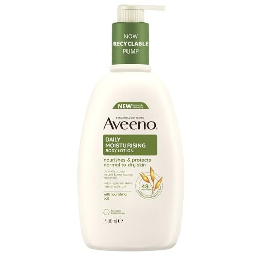 Aveeno Daily Moisturising Body Lotion, With Soothing Oats & Rich Emollients, Suitable For Sensitive Skin, Nourishes and Protects Normal to Dry Skin, Fragrance Free, 500ml | Amazon (UK)