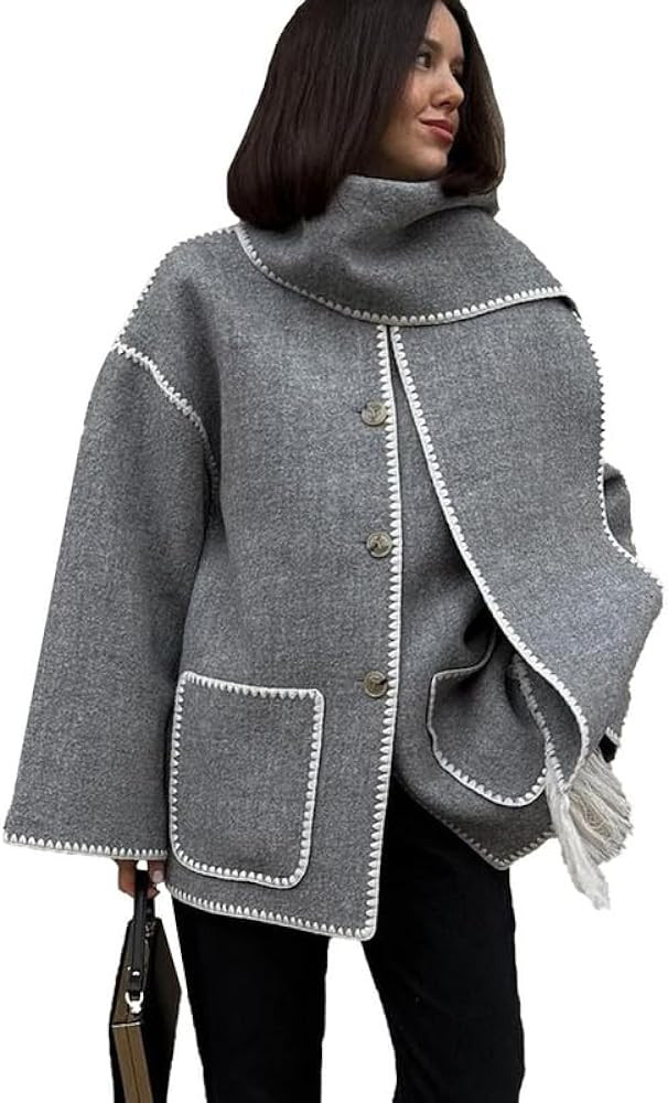 YAWJET Womens Embroidered Scarf Jacket Button Down Wool Blend Coat with Pockets Tassel Scarf Long... | Amazon (US)