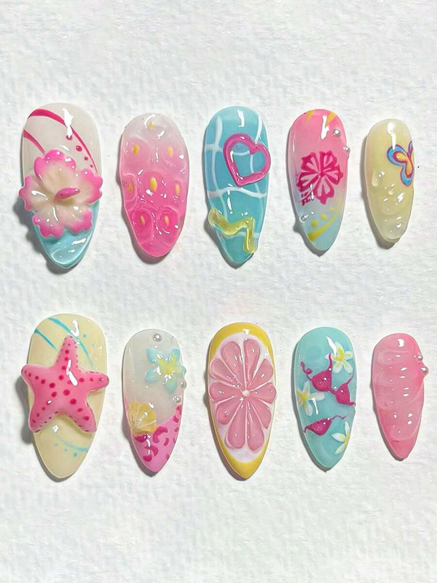 30pcs/Pack Summer Beach Shell Nail Art Stickers, 3D Starfish, Flower, Butterfly, Heart & Almond S... | SHEIN
