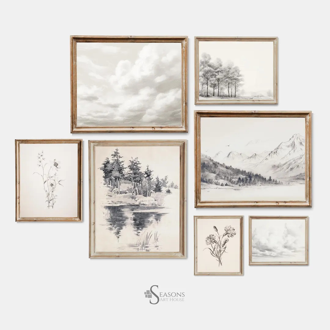 Pencil Sketch Prints Set With Mountains, Clouds, Botanical Drawings, Landscape Wall Art | SKU# S7... | Etsy (US)