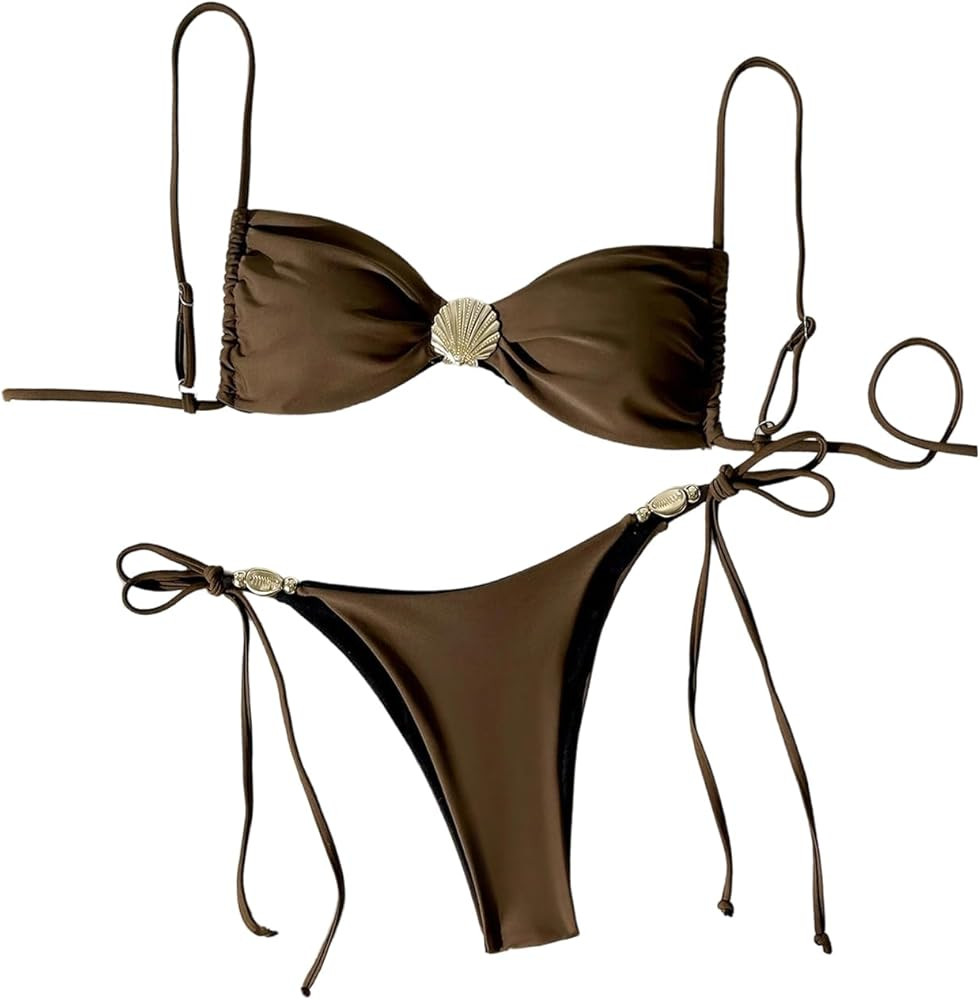 GORGLITTER Women's Metal High Waisted Thong Bikini Sets Y2K Summer Bow String Swimsuits Bathing S... | Amazon (US)