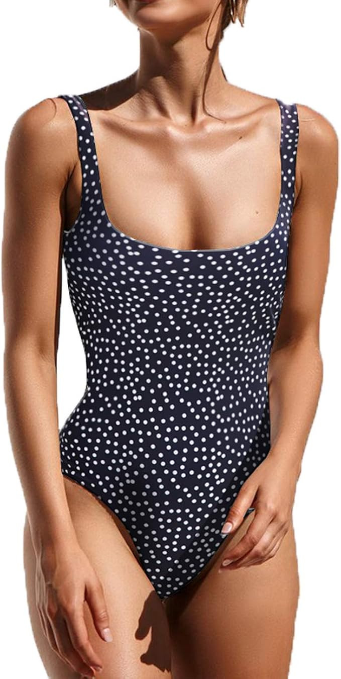 PRETTYGARDEN Women’s Simple Low Cut Sides Wide Straps High Legs One-Piece Swimsuit | Amazon (US)