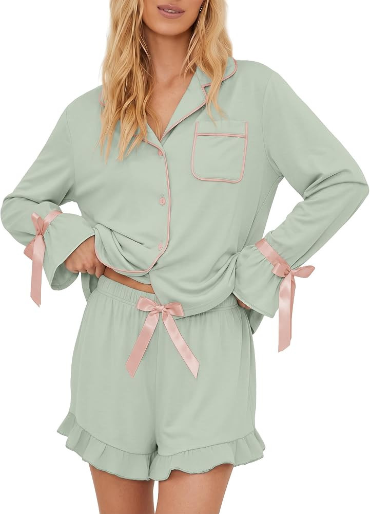 Ekouaer Womens Pajamas Long Sleeve and Shorts Cute Ruffle Pjs Lounge Set | Amazon (US)