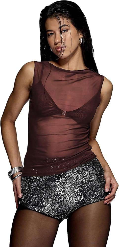 RoseSeek Women's Sheer Mesh Tank Top Sleeveless Slim Fit Fitted Summer Shirts Going Out Tops | Amazon (US)