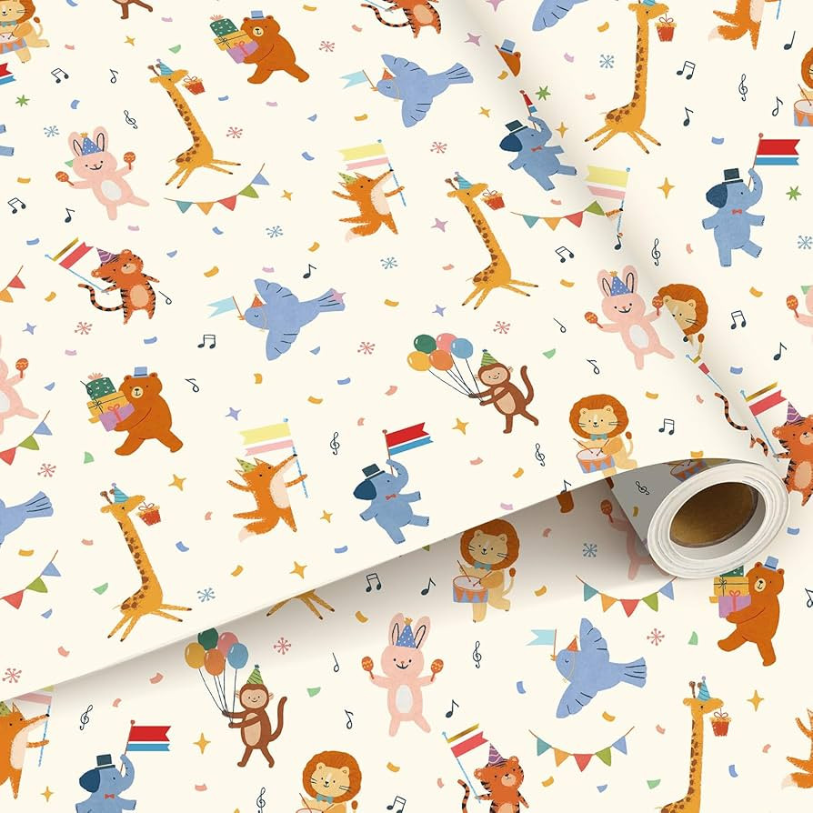 Booson Animal Parade Kids Wrapping Paper Roll -Mini Roll- 17In x 32.8Ft Cute Animal Parade Premiu... | Amazon (US)