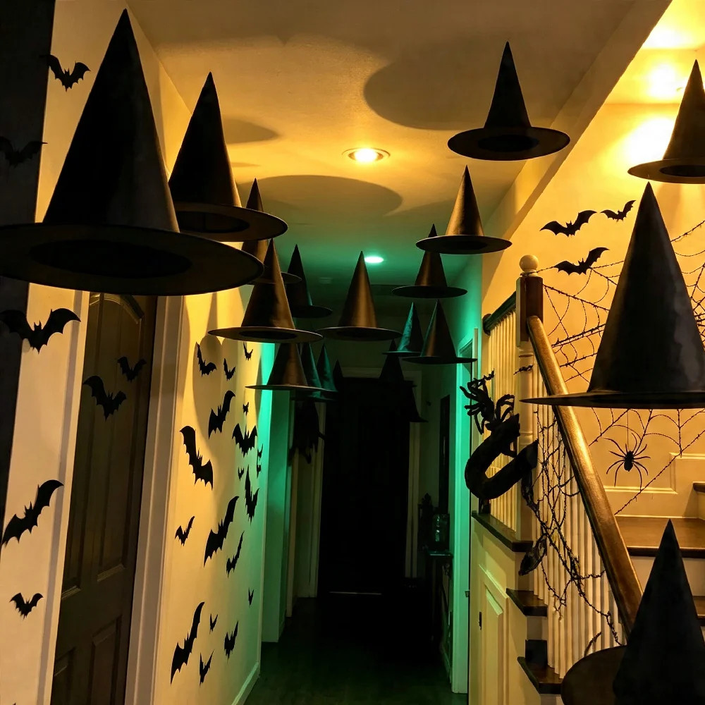 12 Pack Halloween Black Witch Hats with Hanging Nylon Cord, Floating Wizard Hat Ornaments, Indoor... | Wayfair North America