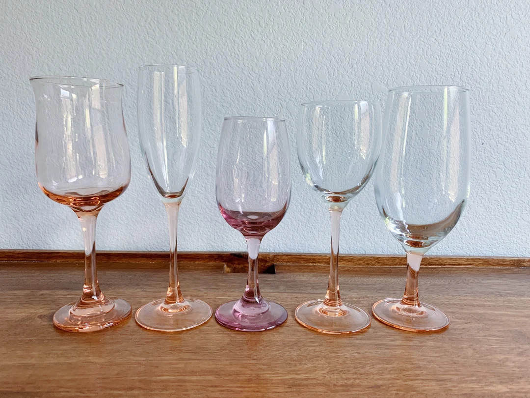 Vintage Multicolor Pink Champagne & Wine Glasses Set of 5 | Wine Glasses | Champagne Glasses | Etsy (US)
