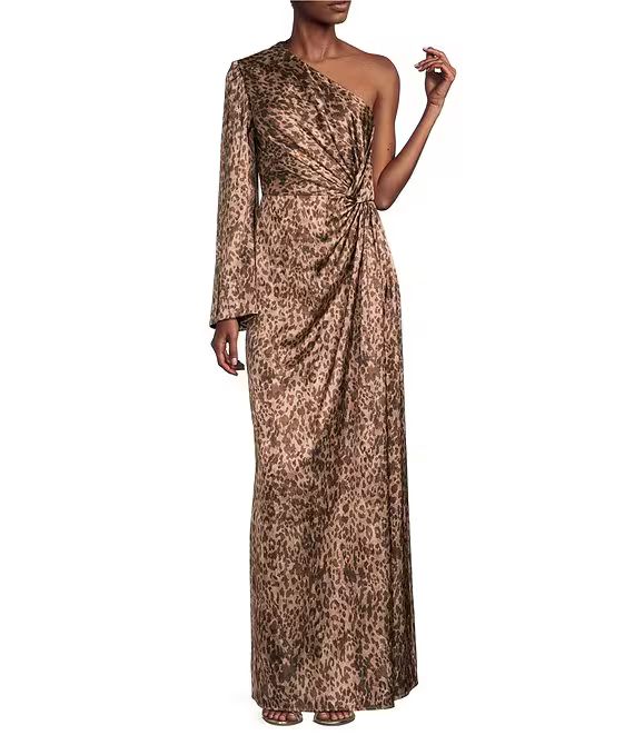 Muse by Marchesa Senna Leopard Print Silk Asymmetrical One Side Long Sleeve Twist Front Slip Maxi... | Dillard's