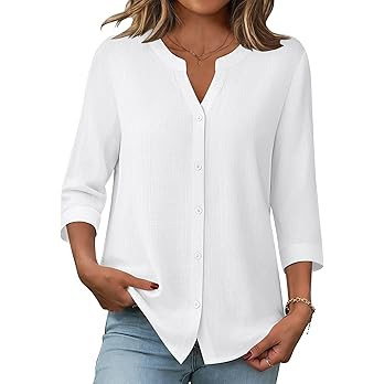 Zeagoo Button Down Shirts for Women 3/4 Sleeve Linen Cotton V Neck Tops Dressy Casual Loose Work ... | Amazon (US)