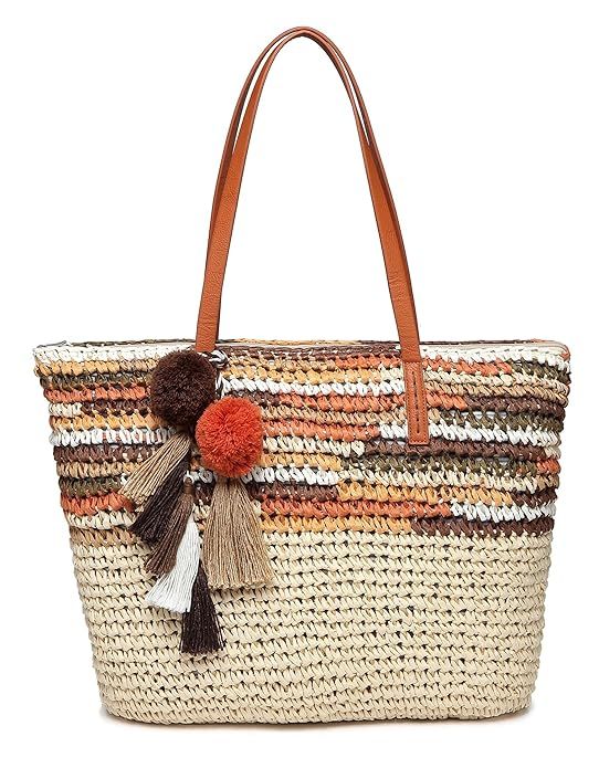 Daisy Rose Large Straw Beach Tote Bag with Pom Poms and Inner Pouch -Vegan Leather Handles | Amazon (US)
