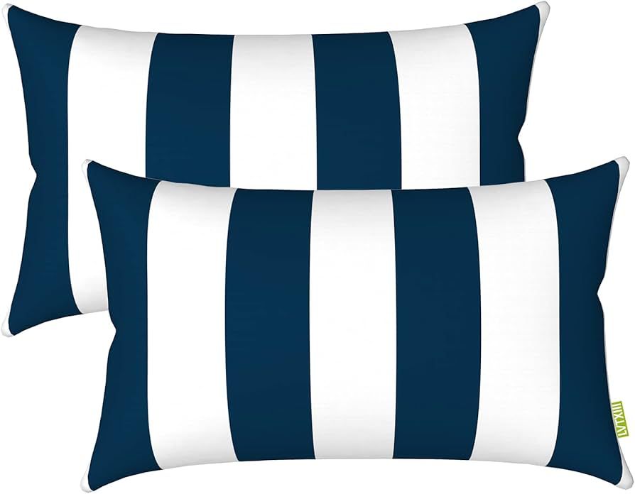 LVTXIII 12×20 Inch Outdoor Lumbar Pillows, Pack of 2 Water Repellent Lumbar Pillow with Inserts, Fluffy Decorative Garden Lumbar Cushions for Home Patio Coach Sofa Use, Cabana Navy | Amazon (US)
