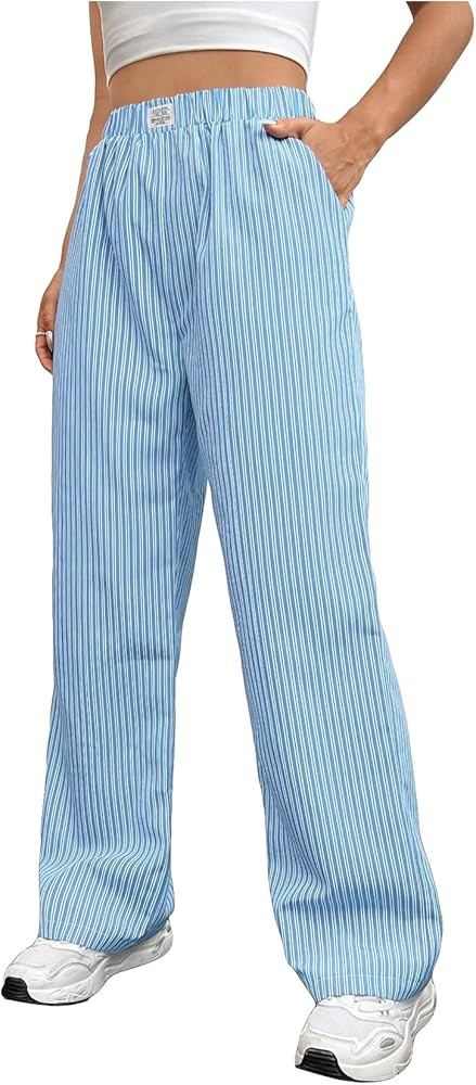 OYOANGLE Women's Straight Wide Leg Trousers Striped Print Letter Patched Detail High Waist Y2K Fa... | Amazon (US)