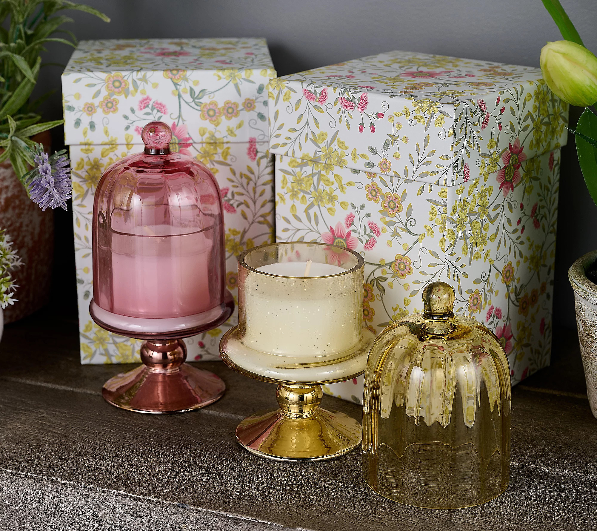 Home Reflections S/2 Cake Stand Cloche Candles with Gift Box | QVC