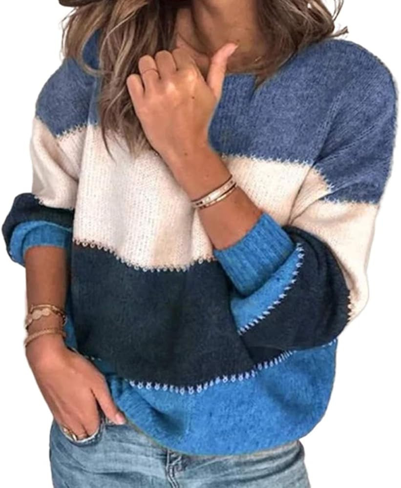 PRETTYGARDEN Women's Fashion Long Sleeve Striped Color Block Knitted Sweater Crew Neck Loose Pull... | Amazon (US)