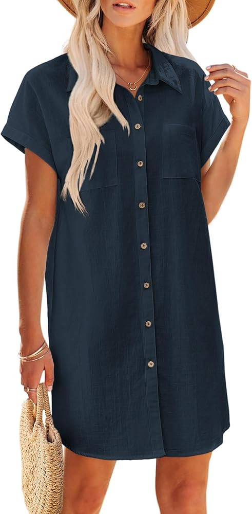 Zeagoo Summer Dresses for Women 2026 Cotton Button Down Short Sleeve Tshirt Dresses Casual Mini B... | Amazon (US)