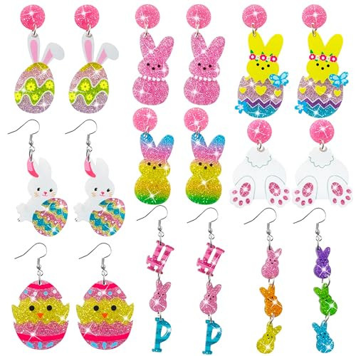 Y1tvei Easter Earrings for Women - 9Pairs Cute Bunny Easter Egg Shaped Sparkly Glitter Drop Dangle Earring Variety Pack Lightweight Cartoon Ear Decoration Holiday Jewelry Funny Ear Hook Accessories Gift | Amazon (US)