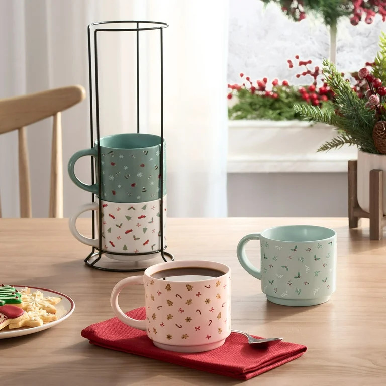 Holiday Time 11-oz Holiday Ditsy Print Glazed Stoneware Ceramic Stacking Mug Set with Metal Rack | Walmart (US)