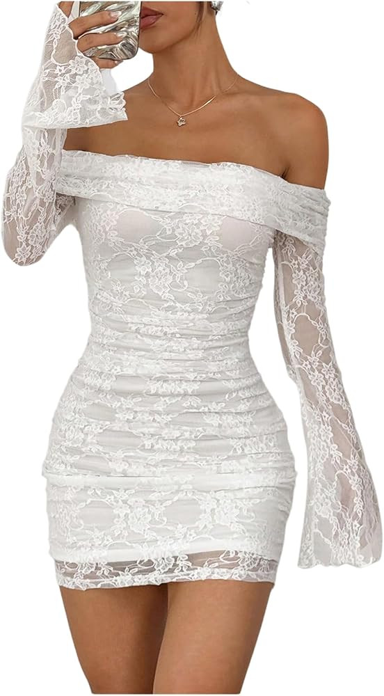 Floerns Women's Lace Off Shoulder Dress Ruched Bell Sleeve Bodycon Party Mini Dresses | Amazon (US)