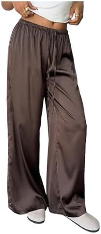 MakeMeChic Women's Satin Pants Drawstring Waist Straight Leg Chocolate Brown Silk Lounge Pants | Amazon (US)