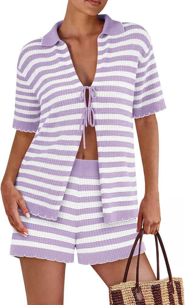 Womens 2 Piece Pajama Set Striped Knit Lounge Sets Short Sleeve Tie Front Top and Shorts Set 2025... | Amazon (US)