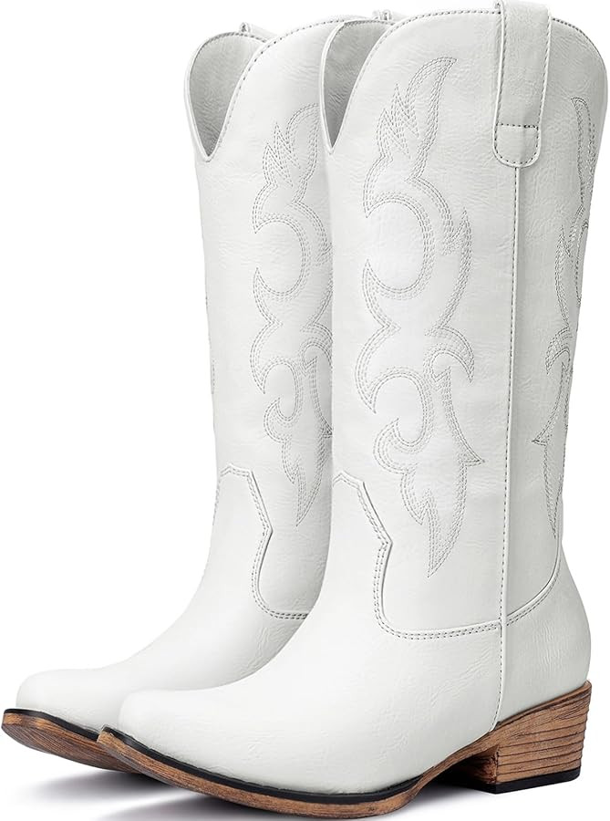 Cowboy Boots for Women - Mid Calf Cowgirl Boots Western Chunky Heel Pointed Toe Boot with Retro E... | Amazon (US)