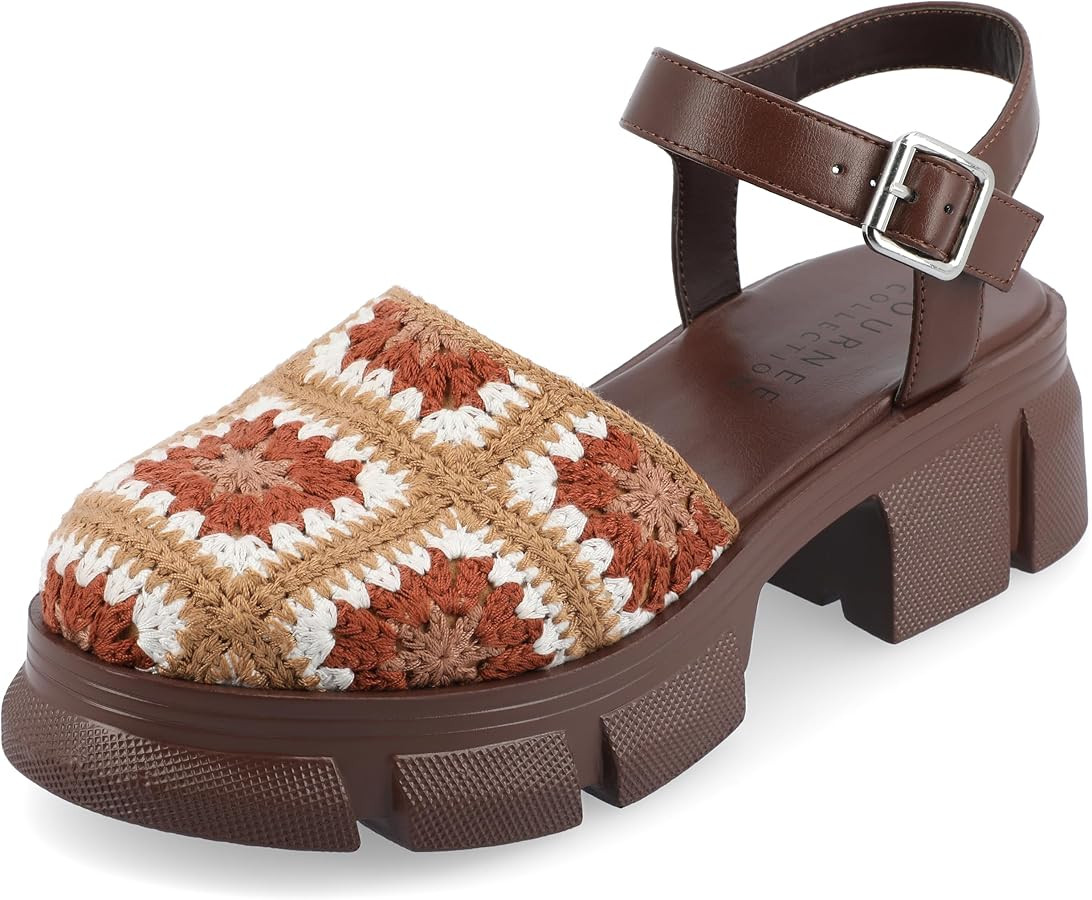 Journee Womens Knit Crochet Treaded Outsole Platform Round Toe Buckle Ankle Strap Dorit Tru Comfo... | Amazon (US)