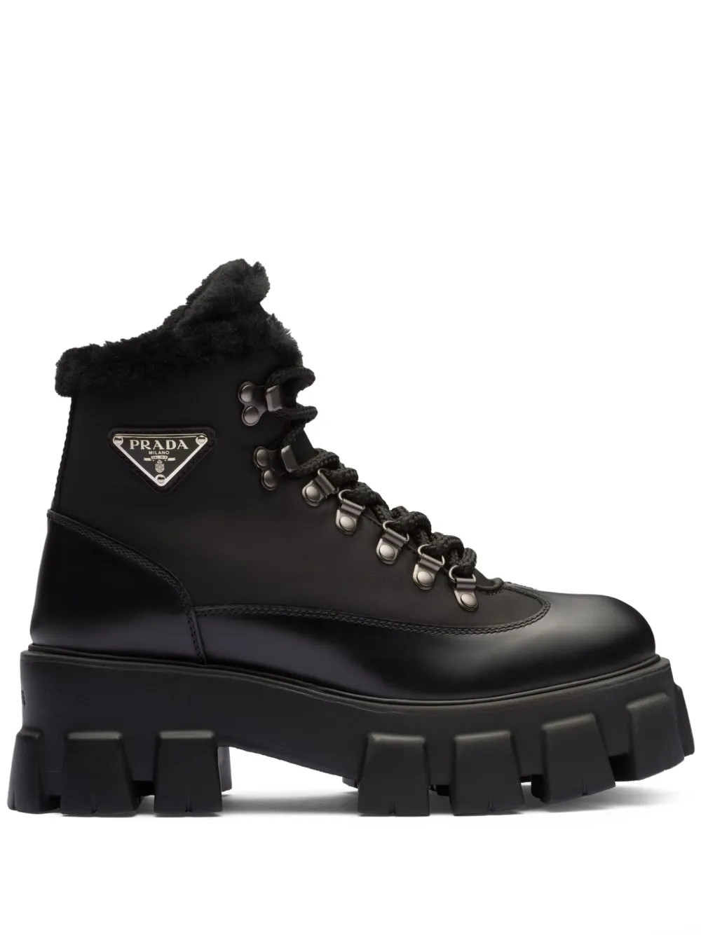Prada Moonlith Brushed Leather Combat Boots | Black | FARFETCH LV | Farfetch Global