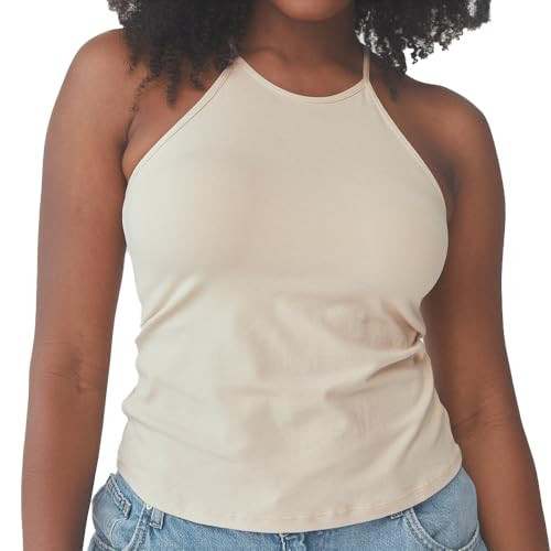 Klassy Network Solid High Neck Brami Tank-Top for Women - Built-in Bra Racerback Full Length Tank with Straps Beige | Amazon (US)