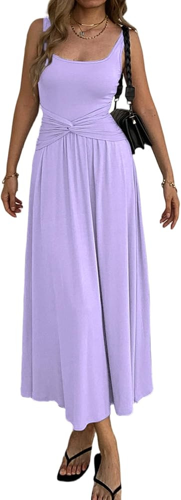 Mieazom Women's Summer Mock Knot Front Maxi Dress Sleeveless Square Neck Corset Ruched Waist Emip... | Amazon (US)