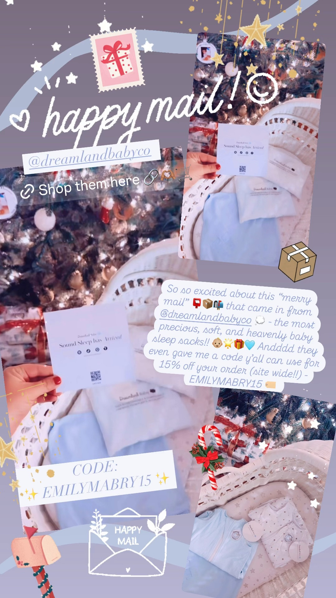 So so excited about this “merry mail” 📮📦📬 that came in from @dreamlandbabyco 💭 - the most precious, soft, and heavenly baby sleep sacks!! 👶🏼🌟🎁🩵 Andddd they even gave me a code y’all can use for 15% off your order (site wide!!) - EMILYMABRY15 🏷️ 

#LTKBaby #LTKFamily #LTKSeasonal