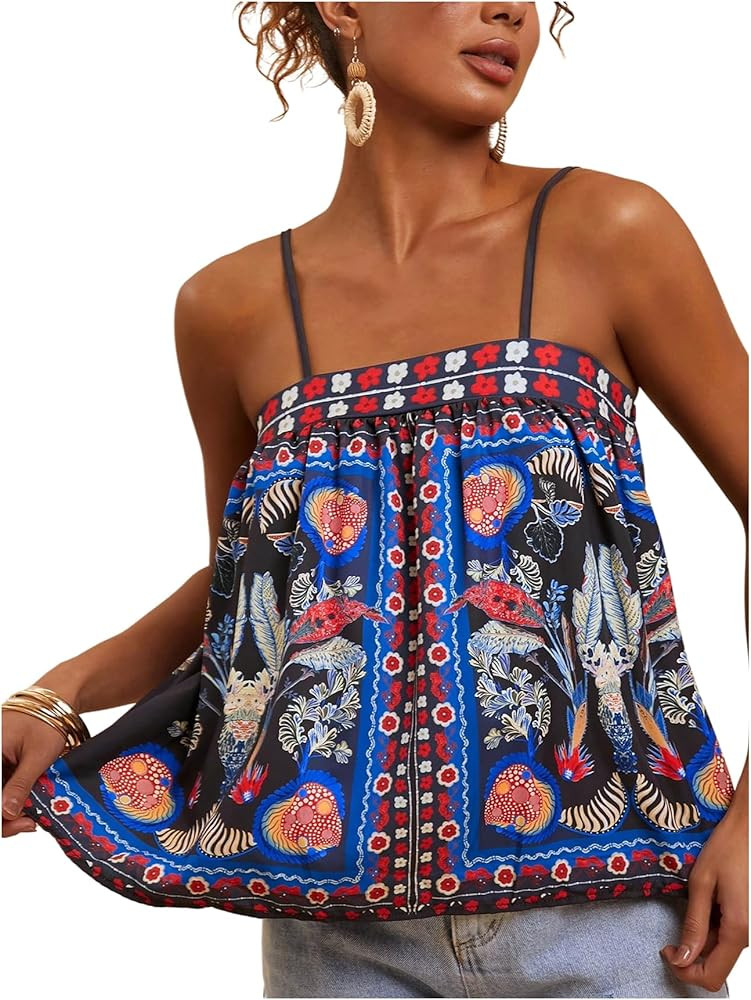 WDIRAR Women's Tropical Floral Print Cami Top Spaghetti Strap Boho Vacation Summer Tops Camisole | Amazon (US)