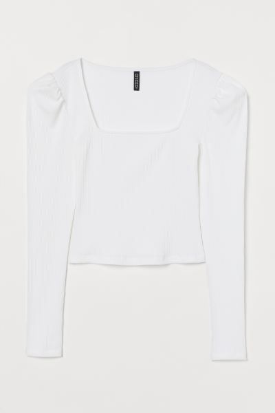 Fitted top in ribbed jersey with a square neckline and long puff sleeves. | H&M (US + CA)