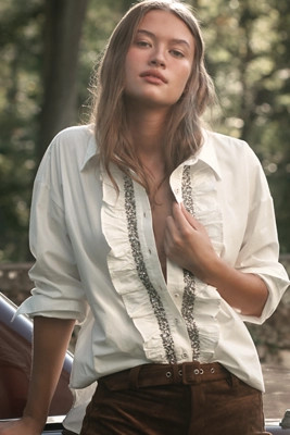 Pilcro Crystal-Embellished Relaxed Buttondown Shirt | Anthropologie (UK)