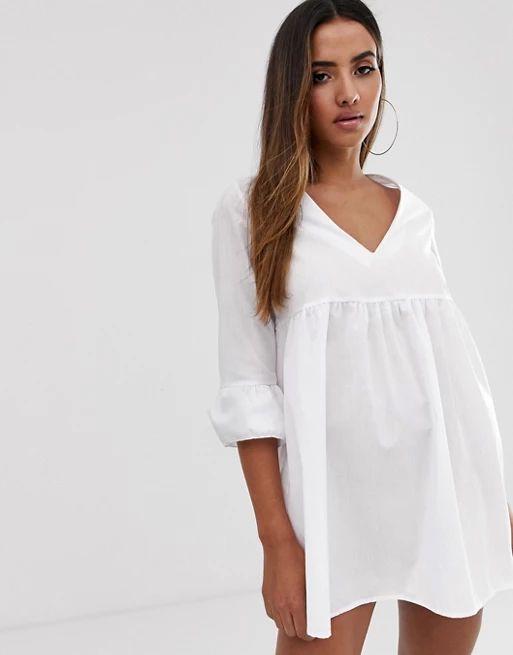Boohoo smock dress with v neck and flared sleeves in white | ASOS UK