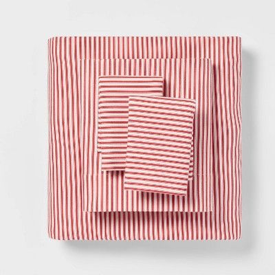 Queen Holiday Pattern Flannel Sheet Set Red Stripe - Threshold&#8482; | Target