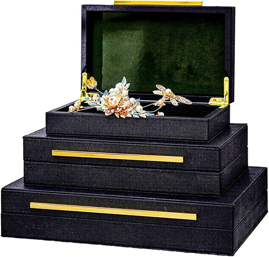XINSTAR Faux Black Shagreen Leather Decorative Boxes,Decorative Storage Boxes With Lids 3 Pcs Set... | Amazon (US)